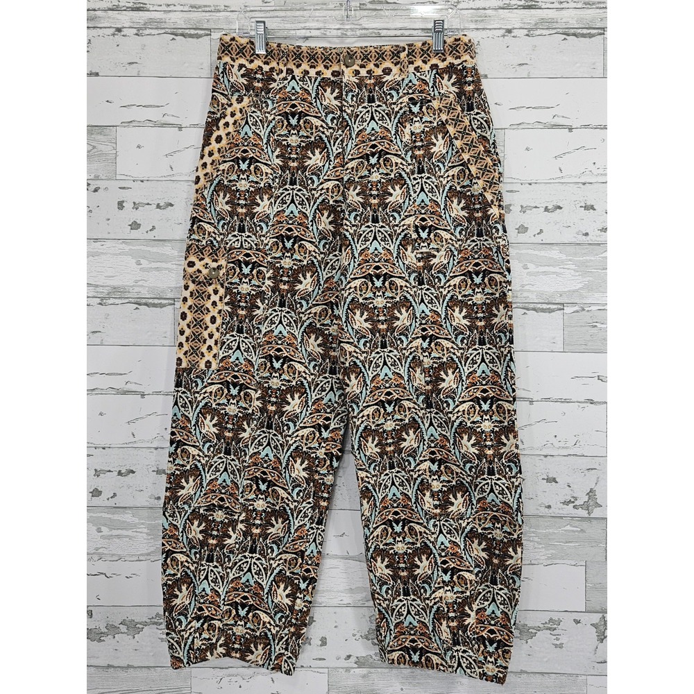 Anthropologie Mixed Print Tapestry Pants Brown Teal Leopard Damask Size 8 US